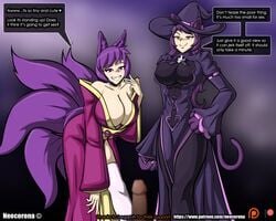 big_breasts bob_cut breasts cat_ears cat_tail catgirl cleavage clothed_female costume english_text erection female femdom fox_ears fox_girl fox_tail grin huge_breasts large_breasts laugh laughing looking_at_penis male malesub multiple_doms multiple_doms_one_sub multiple_girls neocorona penis pov purple_hair short_hair small_penis_humiliation speech_bubble text witch_hat