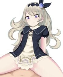 1boy blonde_hair blush closed_mouth clothed_sex cowgirl_position cygames dragalia_lost eyebrows_visible_through_hair female femdom frills highres implied_sex lathna long_hair navel nintendo puffy_sleeves purple_eyes renetan simple_background straddling white_background