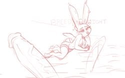 2021 anthro blush conditional_dnp disembodied_penis disney english_text eyebrows fellatio furry genitals highres judy_hopps lagomorph leporid long_ears male mammal monochrome navel oral penis pink_and_white rabbit sex sketch sugarlesspaints text thighhighs vein zootopia