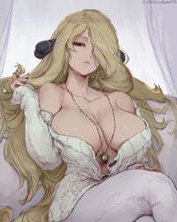 1girls 2d absurd_res artist_name blonde breasts cleavage crossed_legs cutesexyrobutts cynthia_(pokemon) female female_only grey_eyes hair_ornament high_resolution highres human jewelry large_breasts long_hair looking_at_viewer necklace nintendo pants pokemon pokemon_dppt ribbed_sweater sitting solo sweater watermark