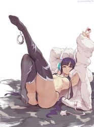 1girls absurd_res anklet ass bikini black_hair blue_eyes breasts coat cutesexyrobutts elesa_(pokemon) elesa_(pokemon_bw2) feet female fur_coat gym_leader highres holding holding_object human jewelry leg_up looking_at_viewer lying medium_breasts nintendo on_back outerwear pinup poke_ball pokemon pokemon_bw2 puffy_sleeves purple_hair short_hair simple_background solo solo_focus stockings swimsuit tall thick_thighs thighhighs thighs underboob