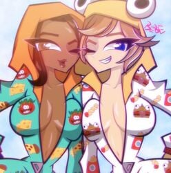 2girls benpatsu big_breasts blue_eyes brown_eyes cleavage dark-skinned_female female_only fortnite no_bra onesie onesie_(fortnite) open_clothes pale-skinned_female pj_pepperoni tagme