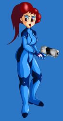 1girls bodysuit captain_syrup cosplay eyelashes eyeshadow female gun human long_hair mario_(series) metroid nintendo pistol png ponytail red_eyes red_hair samus_aran_(cosplay) tagme wario_land weapon wildswingding zero_suit