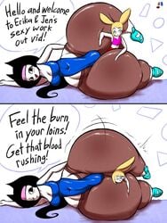 black_hair blonde_hair cheezyweapon cleavage comic crushing english_text erika_"pillowbuns" female futanari hips large_hips leotard penis_bulge size_difference stockings text thick_thighs thigh_grab thighs