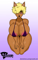 annoyed big_breasts bikini blonde_hair brown_fur busty canine cheezy hands_on_thighs horny huge_areolae huge_breasts kneeling looking_at_viewer looking_up makeup purple_eyes solo solo_female sulta_(cheezy) sweat sweatdrop sweating sweaty thick_thighs thighs wet_pussy