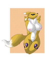 1girls anthro breasts digimon digimon_(species) female female_only genitals hi_res miragepotato nipples pussy renamon simple_background solo