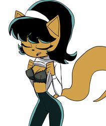 absurd_res anthro aunt_maire black_hair bra breasts cleavage closed_eyes clothed clothing clothing_lift domestic_cat drpizzaboi1 felid feline felis female fur hair hi_res kitty_katswell mammal nickelodeon shirt shirt_lift simple_background solo t.u.f.f._puppy tan_body tan_fur topwear underwear white_background