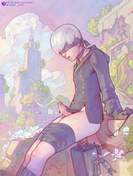 1boy 1girls anal anal_insertion anal_object_insertion anal_orgasm bangs black_blindfold black_choker black_coat black_dress black_gloves black_legwear black_shorts blindfold building censored choker cloud coat covered_eyes cum dress ejaculation english_commentary erection female fucking_machine futanari gloves intersex long_sleeves male male_focus male_only nier:_automata nier_(series) object_insertion open_mouth outdoors penis pod_(nier) projectile_cum sabudenego sex_machine short_hair shorts shorts_removed silver_hair sitting solo solo_male standing thighhighs tree yorha_2b yorha_9s
