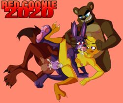 anal anal_sex animatronic anthro avian balls bisexual bisexual_sandwich bonnie_(fnaf) canid canine chica_(fnaf) female female_penetrated five_nights_at_freddy's fox foxy_(fnaf) freddy_(fnaf) furry_only genitals group group_sex hi_res lagomorph leporid machine male male/male male_penetrated male_penetrating male_penetrating_female male_penetrating_male mammal no_humans nude open_mouth penetration penis rabbit redcoonie robot sandwich_position sex smile straight ursid vaginal_penetration video_games