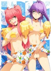 2futas anzu_kuniyoshi background balls full-package_futanari futa_only futanari green_eyes hiromin large_breasts large_penis long_hair looking_to_the_side pasties penis_under_skirt pink_hair pom_poms ponytail purple_hair skirt small_breasts smile smiling star_pasties sumire_(hiromin) twintails unsure voluptuous wink winking_at_viewer