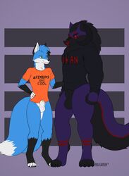 absurd_res animal_genitalia anthro balls big_balls black_balls black_body black_clothing black_ears black_fur black_hair black_hoodie black_horn black_nose black_sheath black_topwear blue_body blue_fur blue_tail canid canine canis clothed clothing colored demon duo english_text fluffy fox fur genitals green_eyes hair hi_res hoodie horn looking_aside male male_only mammal markings multi_tail multicolored_body multicolored_fur orange_clothing orange_shirt orange_topwear partially_clothed purple_body purple_eyes purple_fur red_markings sheath shirt signature simple_background smile standing t-shirt text topwear white_body white_fur white_sheath wolf wolfarion wolfarion_(character)