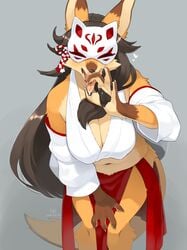 animal_ears anthro bent_over black_hair black_nose breasts canine chest_tuft cleavage female female_only fox_girl fur furry grey_background japanese_clothes kame_3 light_blush long_hair mask masked_fox_(kame_3) ok_sign orange_fur pawpads saliva_drip solo solo_female tail tongue_out very_high_resolution