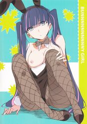 1girls arm_support blue_eyes breasts bunnysuit clothing collar female grey_nails heels human long_hair morii_shizuki nipples pale_skin panty_&_stocking_with_garterbelt pantyhose pinup purple_hair sitting stocking_anarchy topless twintails two_tone_hair wrist_cuffs