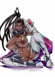 1girls arm_tattoo armor black_hair breasts cornrows dark-skinned_female dark_skin female gloves greaves hairlocs large_breasts long_hair looking_at_viewer master_raven nipples nude ojosnocturnos scarf shoulder_armor simple_background sitting solo tattoo tekken thighhighs white_background