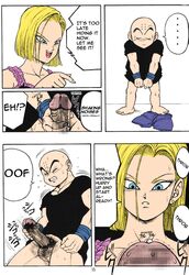 1boy 1girls android_18 bald black_eyes blonde_hair blue_eyes censored dragon_ball dragon_ball_z garland_(rehabilitation) krillin kuririn masturbation pants_removed penis precum smaller_male