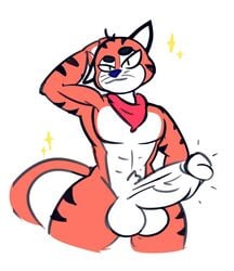 abs anthro balls big_penis erection eyebrows felid feline frosted_flakes genitals hand_behind_head hi_res kellogg's leofel_barraund male male_only mammal mascot pantherine penis pinup pose scarf smug_face solo thick_eyebrows tiger tony_the_tiger