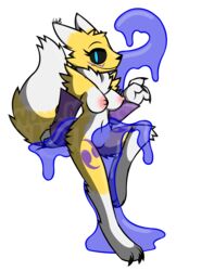 alpha_channel anthro breasts claws digimon female fur genitals hi_res looking_at_viewer mostly_nude neck_tuft nipples nude pussy renamon signature simple_background slime smile solo translucent transparent_background tuft watermark wub_(artist) yellow_body yellow_fur