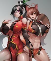 big_breasts blazblue clothed_female female/female female_focus female_only holding_hands interlocked_fingers litchi_faye_ling long_hair makoto_nanaya short_hair sowel_(sk3) yuri