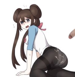 1boy 1girls ass blue_eyes brown_hair censored cum cum_on_ass double_bun female female_protagonist gantan long_hair mosaic_censoring nintendo pale_skin panties pantyhose pokemon pokemon_bw2 rosa_(pokemon) twintails