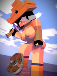 3d antonella_(melinajbt) big_breasts bisexual bisexual_female black_hair blue_eyes character chargin_targe_(tf2) crossover eyelander_(tf2) female female_only human knight melinajbt mine-imator minecraft no_panties outdoors shield socks solo sword tagme team_fortress_2 undressing