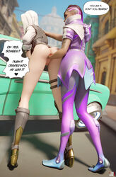 2girls 3d anal_fisting anal_insertion anal_penetration anal_sex ashe_(overwatch) blender blizzard_entertainment clothed clothing dark-skinned_female dark_skin dialogue english_text fisting hand_on_ass heels latina light-skinned_female light_skin overwatch sanguine3dx sombra speech speech_bubble text white_hair yuri