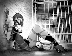 1girls bondage bound chains chen_zi collar cutting_rope escape escape_attempt fire_emblem fire_emblem:_three_houses gag high_heels knife monochrome nintendo prison rope shamir_nevrand