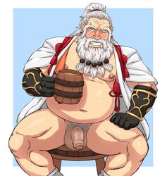 beard big_balls big_belly drunk dwarf dwarf_shaman facial_hair flaccid goblin_slayer growlygruntz long_hair long_hair_male male_only naked_with_shoes_on semi-erect shaman solo white_hair