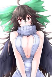 1girls 2018 absurd_res ahoge bare_arms bare_shoulders black_hair black_wings blush bow breast_squeeze breasts cleavage cleavage_cutout clothing covered_mouth cute feathered_wings feathers female female_only g_(desukingu) g_(genesis1556) green_bow hair_between_eyes hairbow head_tilt highres huge_breasts long_hair looking_at_viewer red_eyes ribbed_sweater sideboob simple_background sleeveless solo standing sweater touhou turtleneck underboob utsuho_reiuji v_arms very_long_hair virgin_killer_sweater white_background