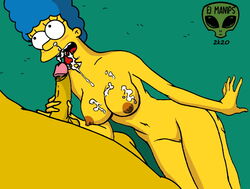 blowjob cum cum_in_mouth cum_on_body cum_on_face cumshot cumshot_in_mouth fjm horny kneeling marge_simpson naked nude partial_male penis sucking the_simpsons