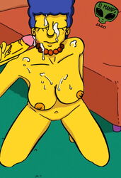 breasts closed_eyes cum cum_on_body cum_on_face cumshot fjm handjob kneeling marge_simpson naked nude partial_male the_simpsons