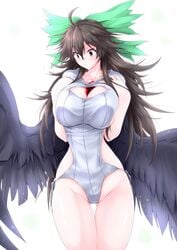 1girls 2018 absurd_res ahoge ass_visible_through_thighs bare_arms bare_legs between_breasts black_hair black_wings blush bow breast_suppress breasts cleavage cleavage_cutout clothing feathered_wings feathers female female_only flying_sweatdrops g_(desukingu) g_(genesis1556) green_bow hair_between_eyes hairbow hand_on_chest highres huge_breasts leotard long_hair looking_down red_eyes ribbed_sweater side-tie_leotard sideboob simple_background solo standing sweatdrop sweater thick_thighs thigh_gap thighs third_eye touhou utsuho_reiuji very_long_hair white_background wide_hips