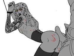 ass big_butt black_lipstick black_nails bondage buttjob corset crossdressing diavolo femboy feminization gay girly jojo's_bizarre_adventure lipstick long_hair male male/male male_only markings penis stockings tattoo thighhighs vento_aureo wrist_cuffs yaoi