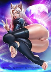 1girls ahri animal_ears anus ass black_legwear bottomless crystal eyeshadow facial_mark feet female fox_ears hair_ornament k/da_ahri k/da_series league_of_legends looking_at_viewer lying makeup nail_polish on_side pink_toenails pussy rankgo solo stirrup_legwear tail the_baddest_ahri thighhighs toeless_legwear toenail_polish w whisker_markings