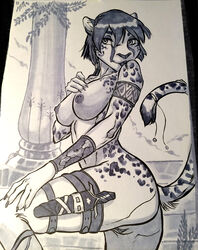 1girls anthro bangs breasts feline female fur furry greyscale leopard licking mammal nipples photo_(medium) pussy short_hair solo tail tongue traditional_media traditional_media_(artwork) vagabondbastard