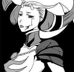 breasts clothed crying crying_with_eyes_open dissidia horns large_breasts monochrome necklace nipple_bulge rule_63