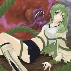 boots breasts charmers green_eyes green_hair midriff rafflesia rafflesia_seduction rape saliva seductive shirt_lift sitting tentacle tongue torn_clothes underboob wynn wynn_the_wind_charmer yu-gi-oh! yuu-gi-ou