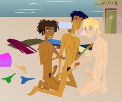 3boys 6teen beach brockyaoi clothes_removed erect_penis handjob holding_arms holding_penis jonesy_garcia jude_lizowski kneeling male male_only masturbation multiple_males naked pleasure_face puberty pubes pubic_hair tattoo wyatt_williams yaoi