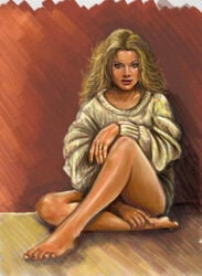 1girls barefoot blonde_hair bottomless clothed clothing feet hannah_abbott harry_potter legs lips lipstick long_hair looking_at_viewer pantless partially_clothed pose posing red_lipstick ring shirt sitting sitting_on_floor sweater thanfiction toes