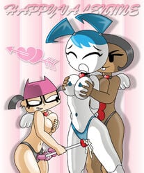 3girls brit_crust cupid gynoid hourglass_figure jenny_wakeman multiple_girls my_life_as_a_teenage_robot smooth_skin strap-on teenager tiff_crust x^j^kny xj-9 yuri