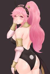 1girls ass blush bunny_ears bunny_girl bunnysuit embarrassed fire_emblem fire_emblem_awakening headband leotard looking_back nintendo olivia_(fire_emblem) pink_hair ponytail red_eyes smgold solo