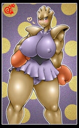 1girls big_breasts big_thighs blush boxing_gloves breasts carmessi clothing female female_only gloves grey_eyes hitmonchan looking_at_viewer muscular muscular_female nintendo nipple_bulge nipples_visible_through_clothing pokemon pokemon_(species) red_boxing_gloves red_gloves rule_63 skirt thick thick_hips thick_thighs wide_hips