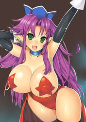 1girls areola_piercing armpits black_legwear black_thighhighs breasts choker earrings elbow_gloves erect_nipples gloves green_eyes hat huge_breasts inverted_nipples jewelry leotard long_hair nagase_haruhito nipple_piercing nipple_rings nipples open_mouth pasties pierced_through_clothes piercing pointy_ears purple_hair red_pasties seiken_densetsu seiken_densetsu_3 solo star_pasties thighhighs topless