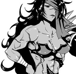 barely_clothed breasts clothing curly_hair ear_ornament ear_piercing facial_scar female final_fantasy final_fantasy_x hand_on_hip hand_on_own_hip headband jecht_(final_fantasy) lips long_hair monochrome muscular muscular_female one_eye_covered plain_background rule_63 scar shoulders sole_female solo tagme torso_shot white_background