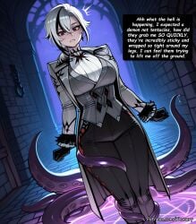 1girl ai_generated arlecchino_(genshin_impact) big_ass black_eyes black_gloves black_hair black_pants blush breasts bubble_butt chain coat comic comic_page curvy english_text genshin_impact gloves hair_between_eyes highres hoyoverse huge_breasts indoors large_breasts long_sleeves looking_at_viewer mihoyo multicolored_hair multiple_panels open_clothes pants phanary red_pupils restrained short_hair snezhnaya_girls solo speech_bubble standing streaked_hair symbol-shaped_pupils tentacles thick tight_pants vest white_hair x-shaped_pupils