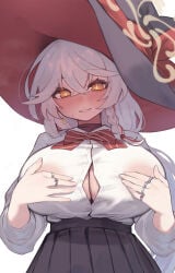 1girls black_hat black_skirt blue_archive bow bowtie braid breasts covering_breasts covering_privates eri_(blue_archive) female grin hair_between_eyes halo hat highres jewelry large_breasts looking_at_viewer multiple_rings no_bra no_bra_under_clothes offering_paizuri partially_unbuttoned pleated_skirt presenting_cleavage red_bow red_bowtie ring shirt shirt_tucked_in side_braid simple_background skirt smile solo totorosu white_background white_hair white_shirt witch_hat yellow_eyes yellow_halo