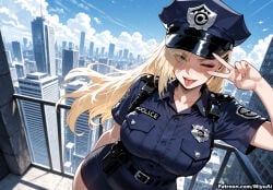1girl ai_assisted ai_generated bangs belt blonde_hair blue_eyes blue_sky breasts building city curvaceous curvy curvy_female curvy_figure day female hat large_breasts leaning_forward long_hair looking_at_viewer miyuai naruto_(series) one_eye_closed outdoors pencil_skirt police police_hat police_uniform policewoman skirt sky smile solo thick thick_ass thick_butt thick_hips thick_legs thick_thighs tongue tongue_out uniform v voluptuous voluptuous_female wide_hips wide_thighs yamanaka_ino