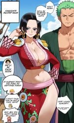 ai_generated big_breasts black_hair blue_sky boa_hancock dialogue fully_clothed green_hair muscular_male netorare no_panties one_piece pirate roronoa_zoro scar ship speech_bubble straw_hat_pirates tall_female thighs