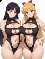 2girls ai_generated armpit_crease arms_behind_back bangs bishoujo_senshi_sailor_moon blonde_hair blue_eyes breasts cat_cutout cat_lingerie cleavage cleavage_cutout closed_mouth earrings hair_ribbon hand_on_own_hip hi_res high_quality high_resolution highres large_breasts legs_together light light_blush lips long_hair looking_at_viewer midriff minako_aino navel nose opal_nemy patreon_logo patreon_url patreon_username plain_background purple_eyes purple_hair red_ribbon rei_hino sailor_mars sailor_moon_(series) sailor_venus self_upload shadow shiny shiny_clothes shiny_hair shiny_skin simple_background smile standing thighs watermark white_background