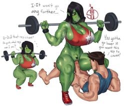 1boy 1girls barbell barefoot big_breasts big_penis black_hair brown_hair choker cleavage cowgirl_position crotch_bulge dumbbell english_text erection fangs female green-skinned_female green_skin gym_shirt heart-shaped_pubic_hair huge_cock human human_male humanoid interspecies larger_female light-skinned_male light_skin long_hair lying lying_down male male/female male_human/female_humanoid male_human/orc_female mavka_nocnitsa muscular muscular_female muscular_male orc orc_female partially_nude penetration penis pointy_ears pubic_hair red_eyes sex shoes short_hair squatting sweat sweating sweet_dynamite tank_top text vaginal_penetration veiny_penis very_high_resolution white_background workout wristband