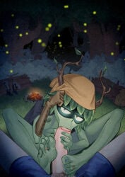 1boy 1girl adventure_time antlers barefoot boots brown_gloves bug campfire colored_sclera colored_skin commentary domino_mask english_commentary eye_mask feet fellatio finn_the_human firefly foot_focus footjob foreshortening forest gloves glowing glowing_eyes green_eyes green_sclera green_skin horns huntress_wizard jewelry leaf male_pubic_hair mask nature nipple_piercing oral penis piercing plant_hair pubic_hair single_glove slit_pupils toe_ring toes uncensored unworn_boots xu53r